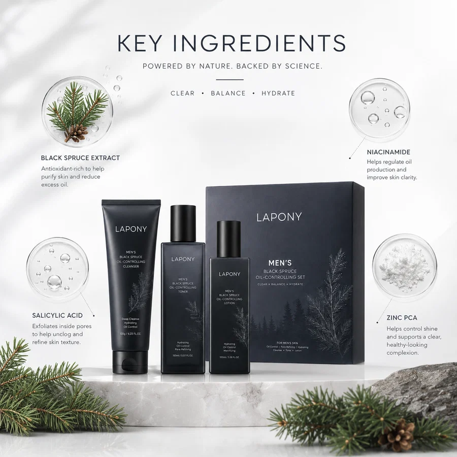 Private Label Men’s Black Spruce Oil-Control Skincare Set image 2